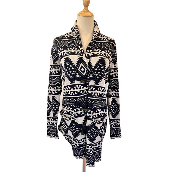 Chaps Blue White Sweater Duster Cardigan Toggle Small Southwestern Tribal - Picture 1 of 10